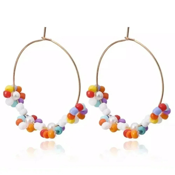 NEW! Colorful Beaded Daisy Flower Hoop Earrings - Picture 5 of 8